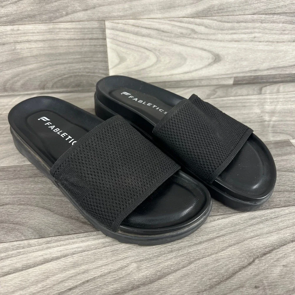 Fabletics Slides Sandals Womens 7 Black‎ Slip On Flat Heel Casual Recovery